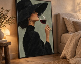 Elegant Woman Black Hat with Wine Glass Canvas, Classy Portrait Wall Art, Sophisticated Home Decor, Chic Modern Canvas Design