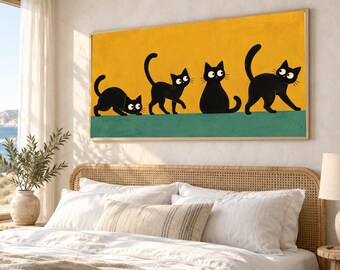 Playful Black Cats Canvas Wall Art, Cute Kitty Silhouettes, Whimsical Animal Illustration, Modern Home Decoration, Colorful Cat Art