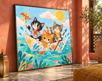 Playful Kittens Adventure Canvas, Cute Cat Boat Ride Wall Art, Colorful Ocean Scene, Kids Room Decoration, Whimsical Animal Canvas