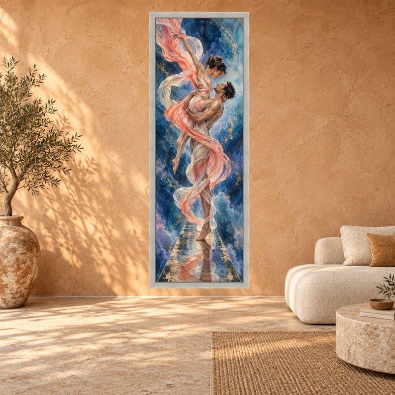 Romantic Dance Embrace Canvas, Couple Flowing Fabrics, Ethereal Love Wall Art, Abstract Sky Background, Elegant Home Decoration image 4