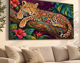 Vibrant Jaguar with Floral Patterns Canvas, Tropical Jungle Wildlife Art, Exotic Animal Wall Decor, Colorful Nature Canvas, Ready to Hang