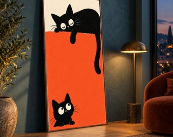 Playful Black Cats Canvas Wall Art, Cute Kitten Illustration, Minimalist Cat Design, Fun Animal Wall Decor, Vibrant Orange Background