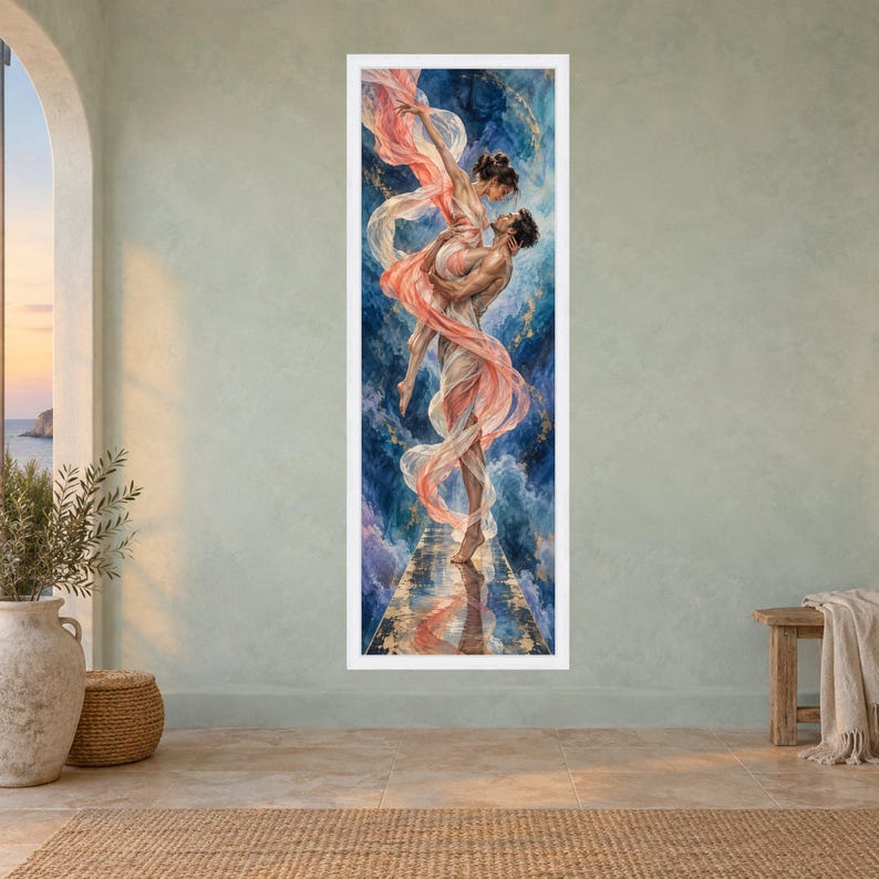 Romantic Dance Embrace Canvas, Couple Flowing Fabrics, Ethereal Love Wall Art, Abstract Sky Background, Elegant Home Decoration image 3