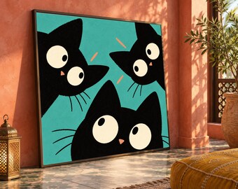 Curious Black Cats Canvas Wall Art, Playful Feline Illustration, Cute Cat Faces Decor, Whimsical Animal Canvas, Modern Home Decoration