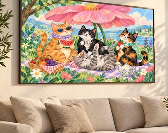 Charming Cats Picnic Scene Canvas, Cute Feline Wall Art, Garden Summer Illustration, Cozy Outdoor Decor, Playful Cat Canvas Print