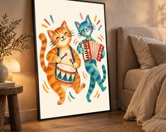 Playful Cats with Drum and Accordion Canvas, Whimsical Animal Music Wall Art, Kids Room Decor, Fun Musical Illustration on Canvas