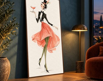 Elegant Woman with Cocktail Glass Canvas, Fashion Illustration Wall Art, Stylish Lady Tuxedo Skirt, Chic Home Decor Canvas