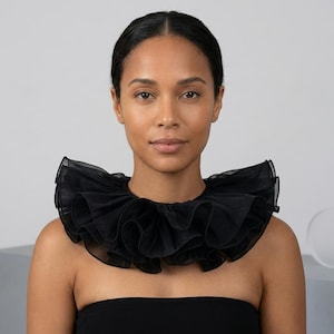 May include: A black ruffled collar made of sheer, lightweight fabric. The accessory features multiple layers of gathered material that create a voluminous, circular shape around the neck, resting against the upper chest and shoulders.