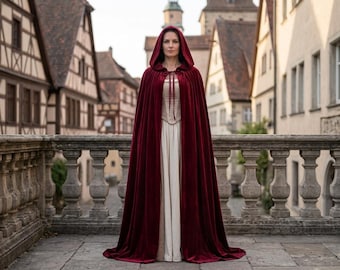 Velvet Hooded Cloak, Medieval Renaissance Cape, Fantasy Costume Cloak, Gothic Wizard Cape, Ren Faire LARP Cosplay Costume