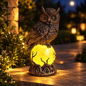 Può includere: Una statuetta di gufo color bronzo scuro appollaiata sopra una luce sferica gialla brillante. Il gufo presenta dettagliate texture delle piume e grandi occhi attenti. La base della luce è modellata come radici d'albero nodose.