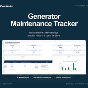 May include: A digital Generator Maintenance Tracker Excel workbook by FieldFormWorks. The interface displays a dashboard with maintenance metrics, service history, costs, and a bar chart. Text includes Generator Maintenance Tracker, 8 worksheets, and digital download.