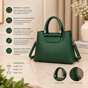 Puede incluir: Un bolso de mano verde oscuro con textura de cocodrilo, que cuenta con dos asas superiores, una correa de hombro desmontable y herrajes plateados. El bolso mide 29 cm de largo, 21 cm de alto y 13 cm de ancho, con texto del producto visible.
