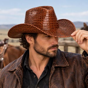 Puede incluir: Un sombrero de vaquero marrón con un acabado brillante y texturizado que imita la apariencia de la piel de cocodrilo. El sombrero presenta una corona estructurada y un ala ancha y curva con un borde oscuro y definido.