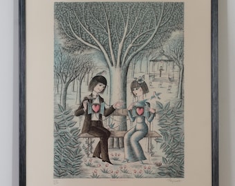 Raymond Peynet ondertekende lithografie, Opération à coeur ouvert, 1985, beperkte editie 215/250, ingelijste Franse geliefdenkunst