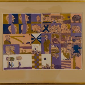 May include: A framed print featuring a grid of various illustrations in shades of purple, yellow, and white. The artwork displays multiple small panels with figures, animals, vehicles, and abstract patterns, all enclosed in a thin gold-colored frame.