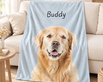 May include: A light blue fleece blanket featuring a large, realistic portrait of a golden retriever dog with its mouth open and tongue visible. The name Buddy is printed in black, sans-serif lettering above the dog's head.