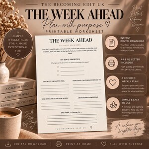 Op de afbeelding: Een printbaar werkblad getiteld The Week Ahead met secties voor prioriteiten, gevoelens, doelen en grenzen. Het document heeft een neutrale beige achtergrond met zwarte tekst, ontworpen voor wekelijkse planning en intentie.