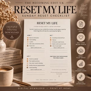 Könnte beinhalten: Eine druckbare Sonntags-Reset-Checkliste mit dem Titel RESET MY LIFE mit Abschnitten für HOME, ME und LIFE. Das Dokument enthält Aufzählungspunkte für Aufgaben wie frische Bettwäsche, Hautpflege und Essensplanung sowie Platz für Notizen.