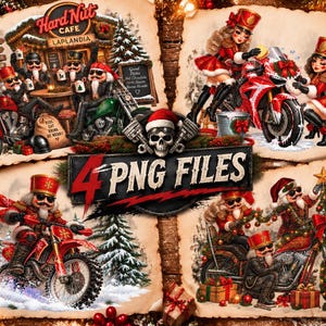 Op de afbeelding: Een digitale collectie van vier kerstthema-illustraties met notenkrakers op motorfietsen, met de tekst 4 PNG FILES prominent in het midden weergegeven. De afbeeldingen bevatten notenkrakers in rode en groene outfits.