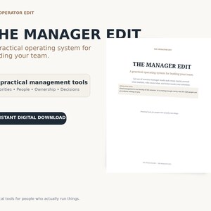 Puede incluir: Un documento digital titulado THE MANAGER EDIT, con el subtítulo A practical operating system for leading your team. Enumera 6 herramientas de gestión prácticas que incluyen Priorities, People, Ownership y Decisions, junto con una nota.