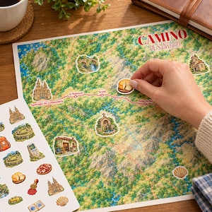Plakat z mapą trasy Camino + 21 naklejek | Z Sarrii do Santiago