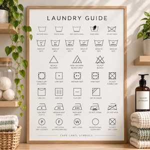 May include: A rectangular wall poster titled LAUNDRY GUIDE in a light wood frame. The white poster features black icons and text explaining various laundry care symbols, including washing, bleaching, drying, ironing, and dry cleaning instructions.