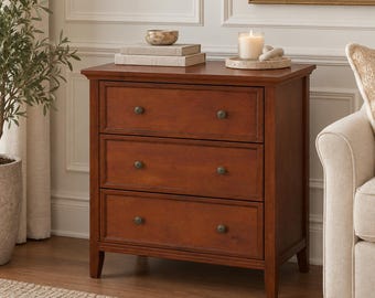 Solid Wood Nightstand with Charging Station 3 Drawer Farmhouse Bedside Table Walnut or White