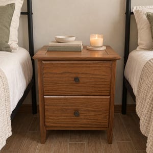 Solid Pine Wood Nightstand 2 Drawer Bedside Table Farmhouse Coastal End Table