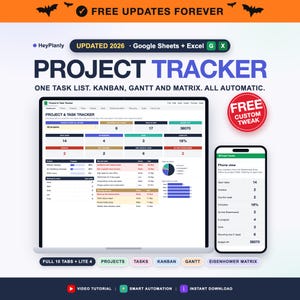 Project Management Spreadsheet, Kanban Board, Gantt Chart, Eisenhower Matrix, Recurring Tasks (Google Sheets, Excel)