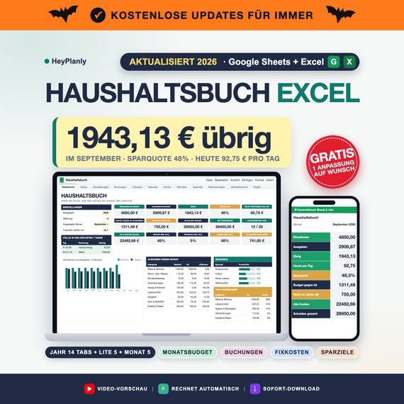 Haushaltsbuch Excel Google Sheets Deutsch, Finanzplaner Vorlage, Budgetplaner Monat und Jahr, Fixkosten, Sparziele, Schulden Tracker