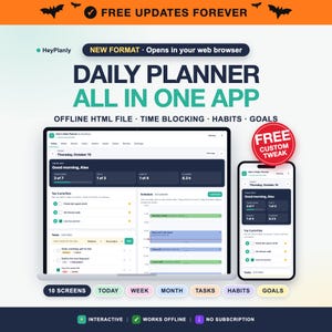 Daily Planner App, HTML Planner, Offline HTML File, Time Blocking Schedule, To Do List, Habit Tracker, Goal Planner, Weekly Planner