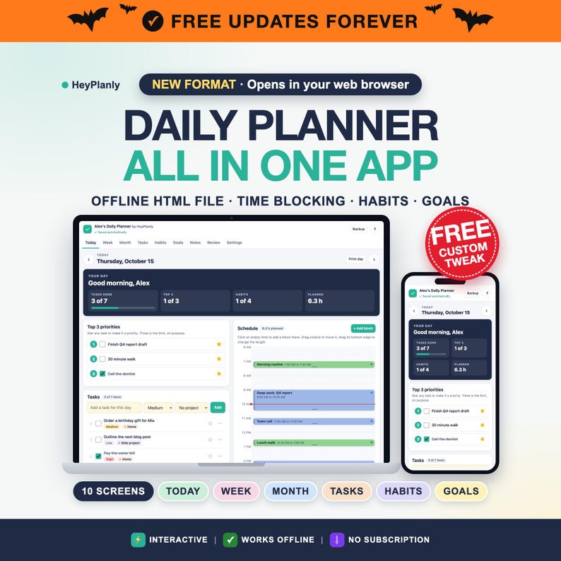 Offline HTML Daily Planner App, Time Blocking, Habits, Goals (digital ...