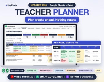 Teacher Planner Spreadsheet 2026 2027, Lesson Plan Template, Gradebook, Attendance, Class Schedule, Academic Calendar (Google Sheets, Excel)