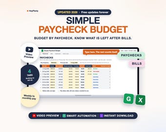 Simple Paycheck Budget Spreadsheet, Budget by Paycheck, Bill Tracker, Biweekly and Monthly (Google Sheets, Excel)
