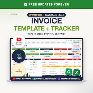 May include: A digital invoice template and tracker for Google Sheets and Excel, featuring a dashboard with financial data, client lists, and payment status. The interface includes tabs for invoices, quotes, and settings, with text overlays highlighting video tutorials and smart automation features.