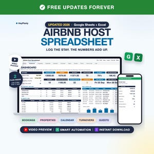 Puede incluir: Una herramienta digital de hoja de cálculo para anfitriones de Airbnb compatible con Google Sheets y Excel, que muestra un panel con datos financieros, métricas de reservas y tablas de gestión en una laptop y un móvil.