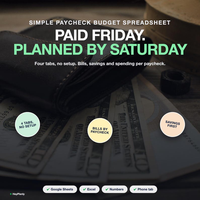 May include: A digital budget spreadsheet advertisement featuring the text SIMPLE PAYCHECK BUDGET SPREADSHEET, PAID FRIDAY. PLANNED BY SATURDAY, and Four tabs, no setup. Bills, savings and spending per paycheck. Includes three circular icons labeled 4 TABS, NO SETUP, BILLS BY PAYCHECK, and SAVINGS FIRST, with bottom buttons for Google Sheets, Excel, Numbers, and Phone tab.