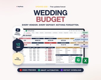Wedding Budget Spreadsheet, Wedding Cost Planner, Payment Schedule, Vendors (Google Sheets, Excel)