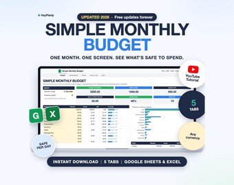 Simple Monthly Budget Spreadsheet, Expense Tracker, Safe to Spend (Google Sheets, Excel)