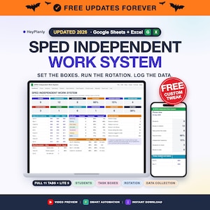 Peut inclure: Un tableau de bord numérique SPED Independent Work System affiché sur un écran d'ordinateur portable et de smartphone. L'interface inclut le suivi des données pour les élèves, les boîtes de tâches et les rotations.