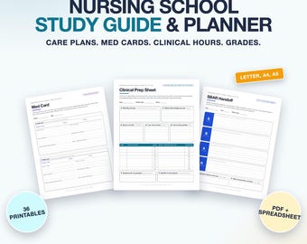 Nursing School Study Guide and Planner, Care Plans, Med Cards, Clinical Log, Lab Values (Printable PDF, Excel)