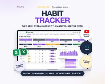 Habit Tracker Spreadsheet, Daily Habit Planner, Streaks, Monthly Overview (Google Sheets, Excel)
