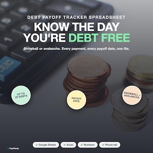 May include: A digital debt payoff tracker spreadsheet with text reading DEBT PAYOFF TRACKER SPREADSHEET, KNOW THE DAY YOU'RE DEBT FREE, Snowball or avalanche. Every payment, every payoff date, one file. Includes buttons for Google Sheets, Excel, Numbers, and Phone tab.