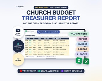 Church Budget Spreadsheet, Tithes and Offerings Tracker, Treasurer Report, Fund Balances (Google Sheets, Excel)