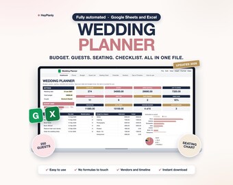 Hochzeitsplanungs-Tabelle, Hochzeitsbudget, Gästeliste, Sitzplan (Google Sheets, Excel)