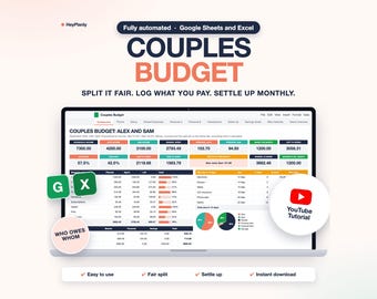 Couples Budget Spreadsheet, Family Budget Planner, Shared Expenses Split, Settle Up (Google Sheets, Excel)