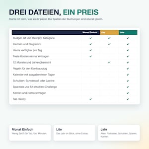 May include: A comparison chart titled DREI DATEIEN, EIN PREIS featuring three columns labeled Monat Einfach, Lite, and Jahr. The table lists financial tracking features with checkmarks indicating availability for each plan option.