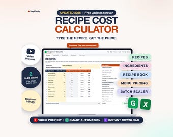 Recipe Cost Calculator Spreadsheet, Food Cost and Menu Pricing, Bakery and Cottage Food (Google Sheets, Excel)