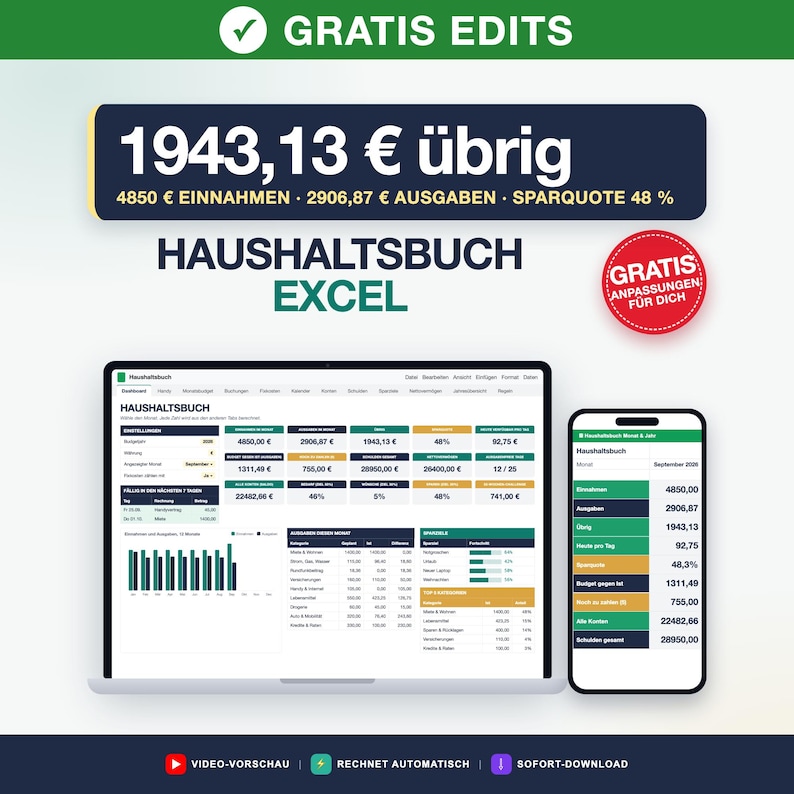 Haushaltsbuch Excel Google Sheets Deutsch, Finanzplaner Vorlage, Budgetplaner Monat und Jahr, Fixkosten, Sparziele, Schulden Tracker image 1