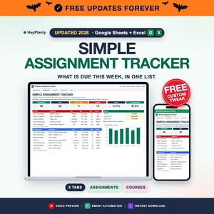 Simple Assignment Tracker Spreadsheet, Student Homework Planner, Due Dates and Grades (Google Sheets, Excel)